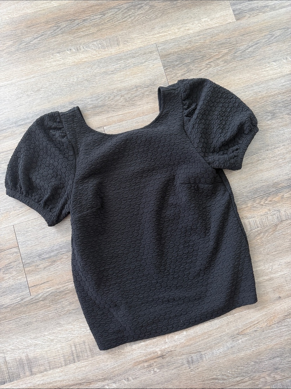 Anthropologie Black Puff-Sleeve Textured Square-Neck Top